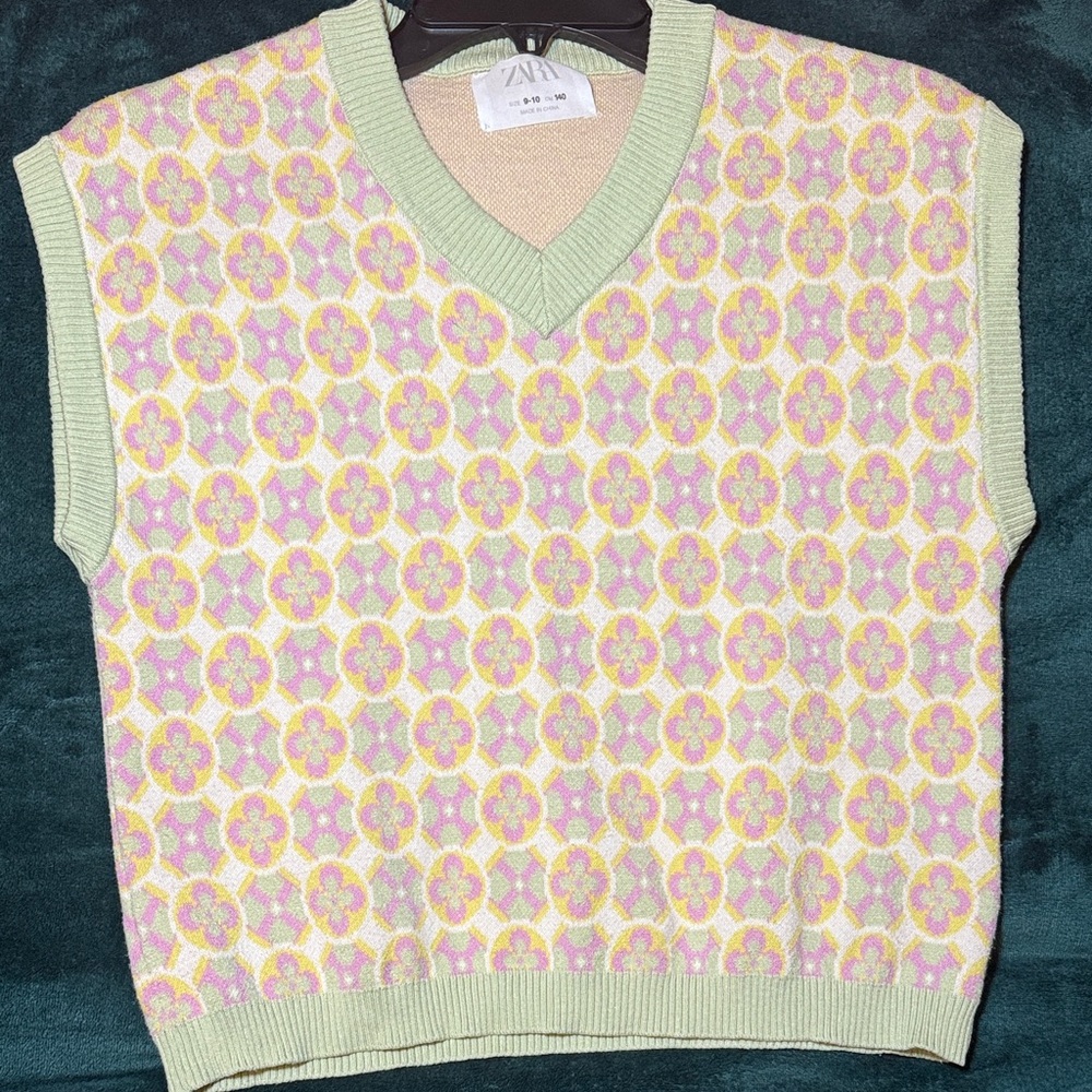 ZARA Pastel Floral Jacquard Knit Vest in Mint, Pink & Yellow